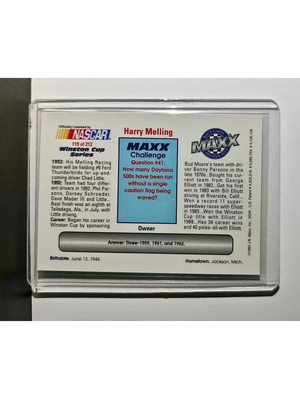 Harry Melling 1993 Maxx Premier Plus Racing #119 NASCAR Card Melling Racing